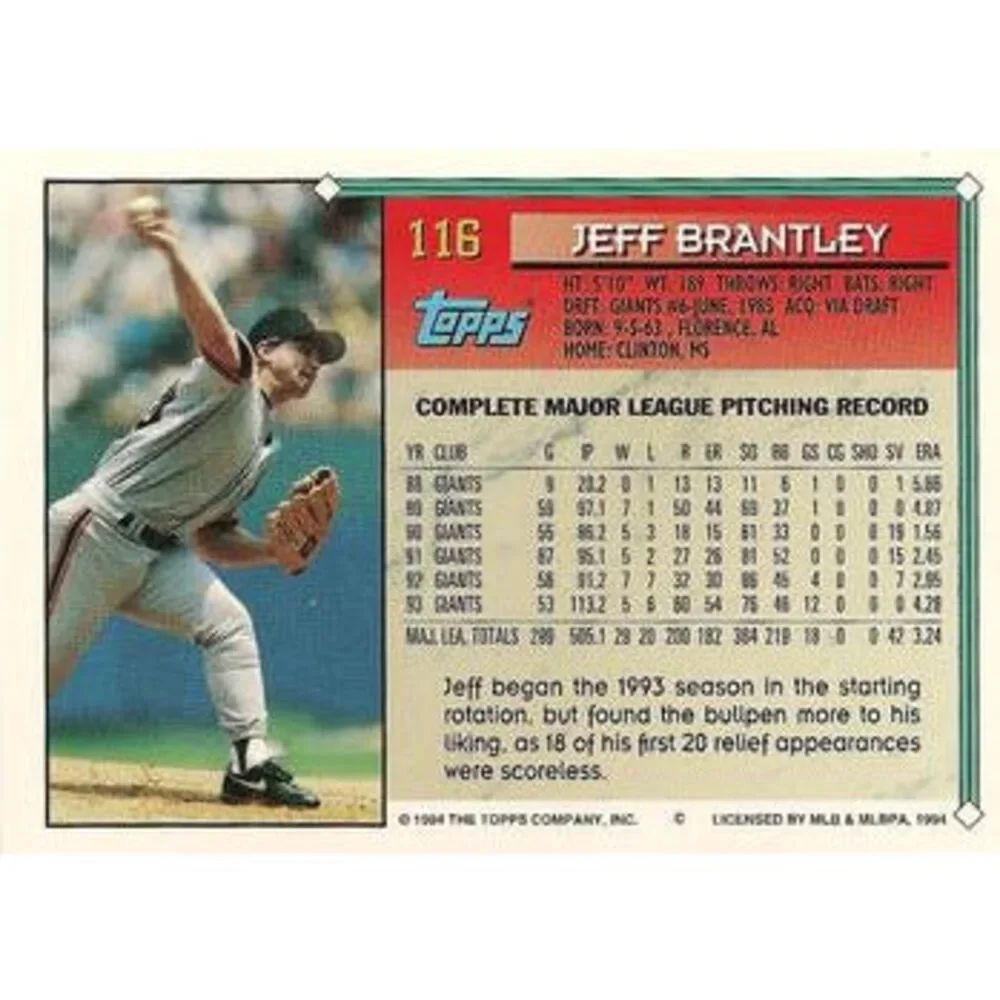 1994 Topps Jeff Brantley # 116 San Francisco Giants